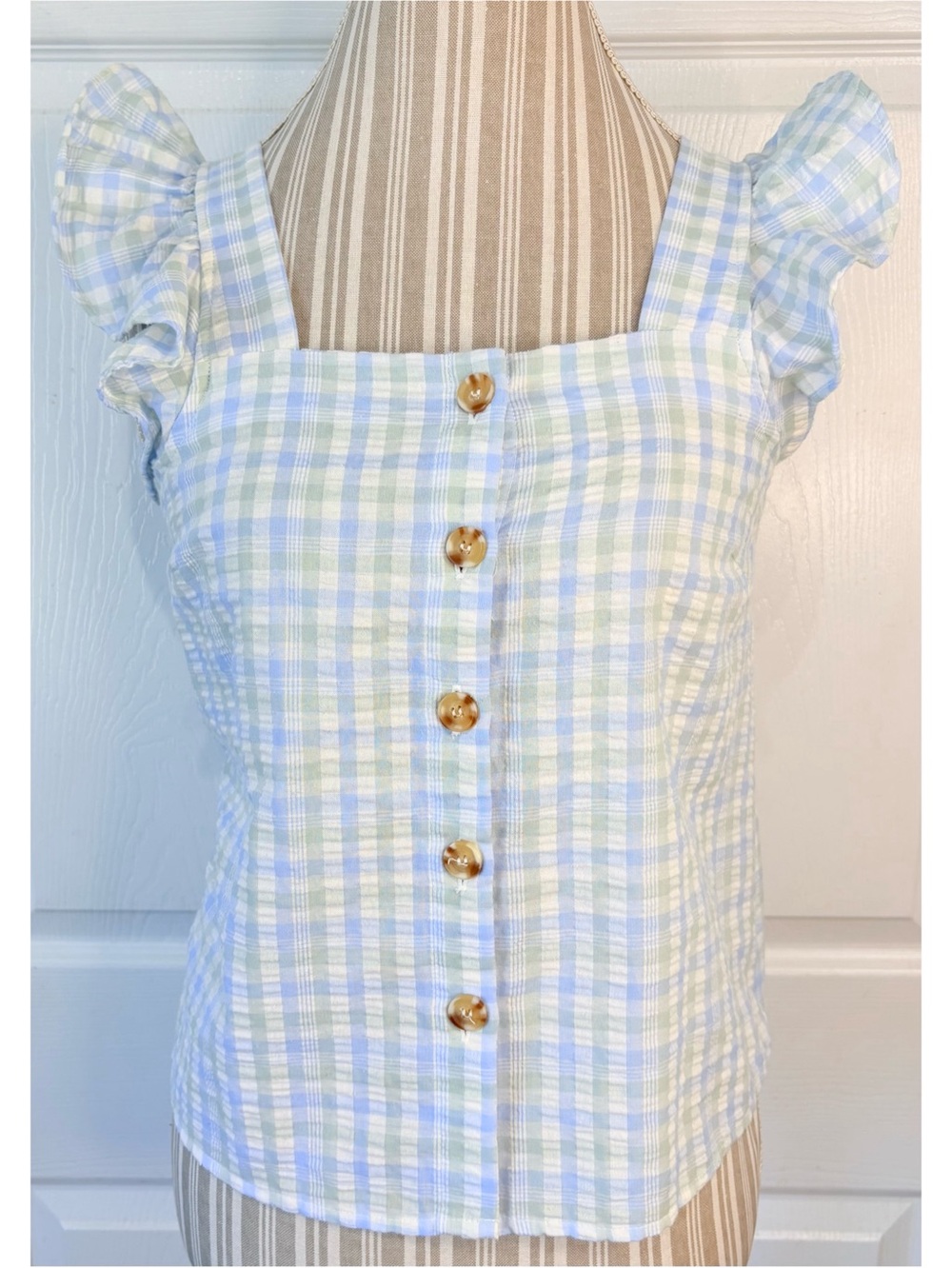 Anthropologie Blu Pepper Ruffled Seersucker Pinafore Top S/M